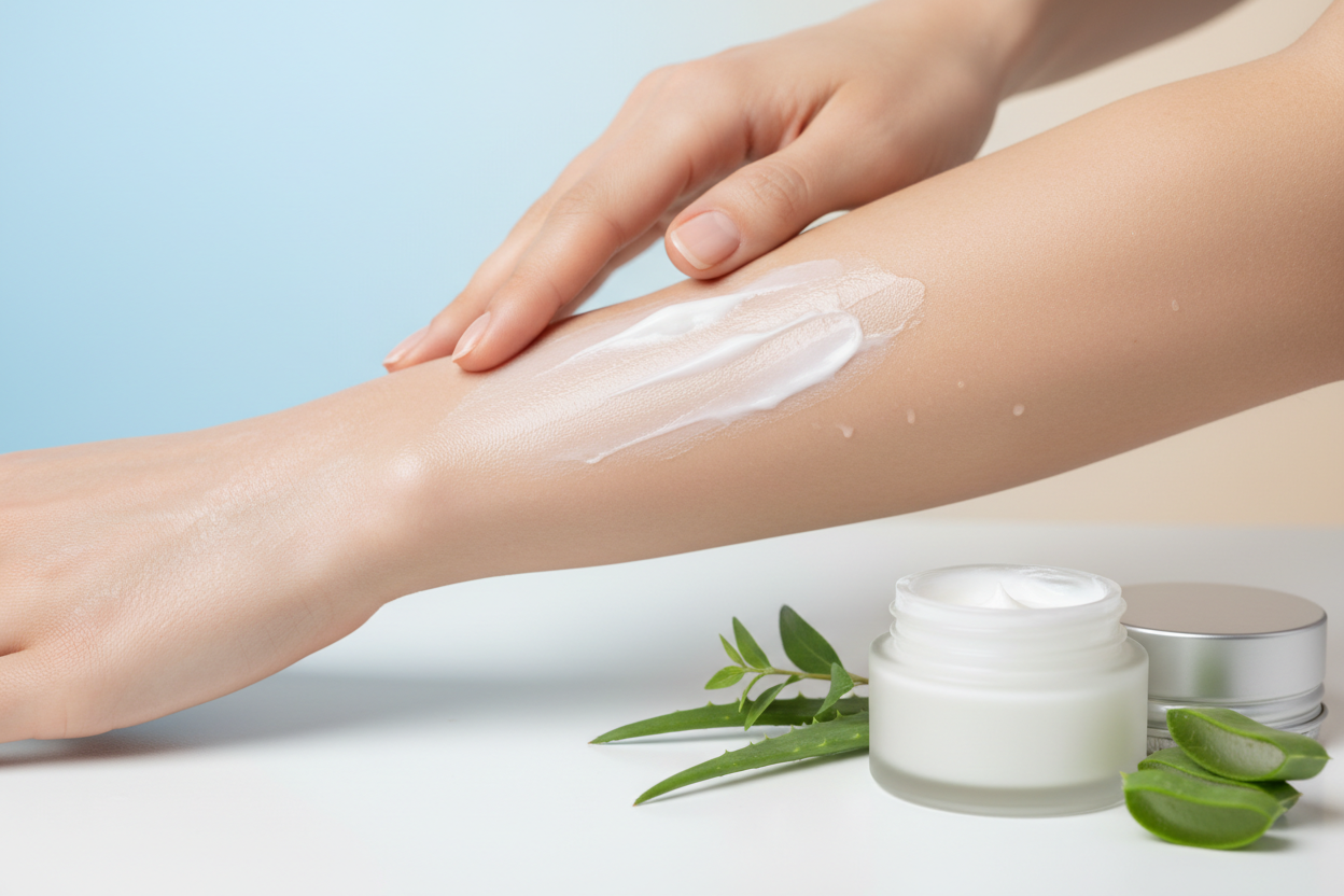 Person applying moisturiser to dry and sensitive skin for eczema skincare management