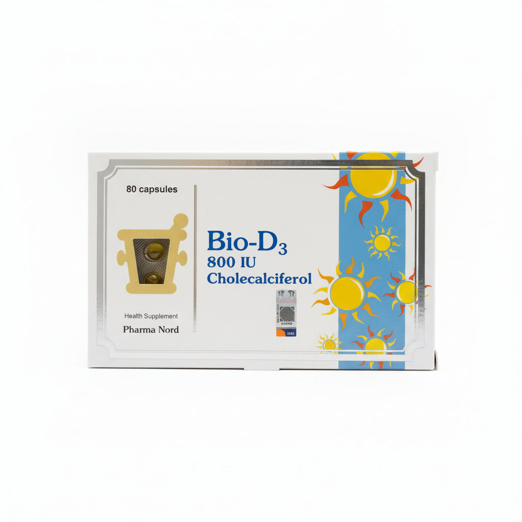 Box of Bio-D3 800 IU Cholecalciferol capsules by Pharma Nord on a white background