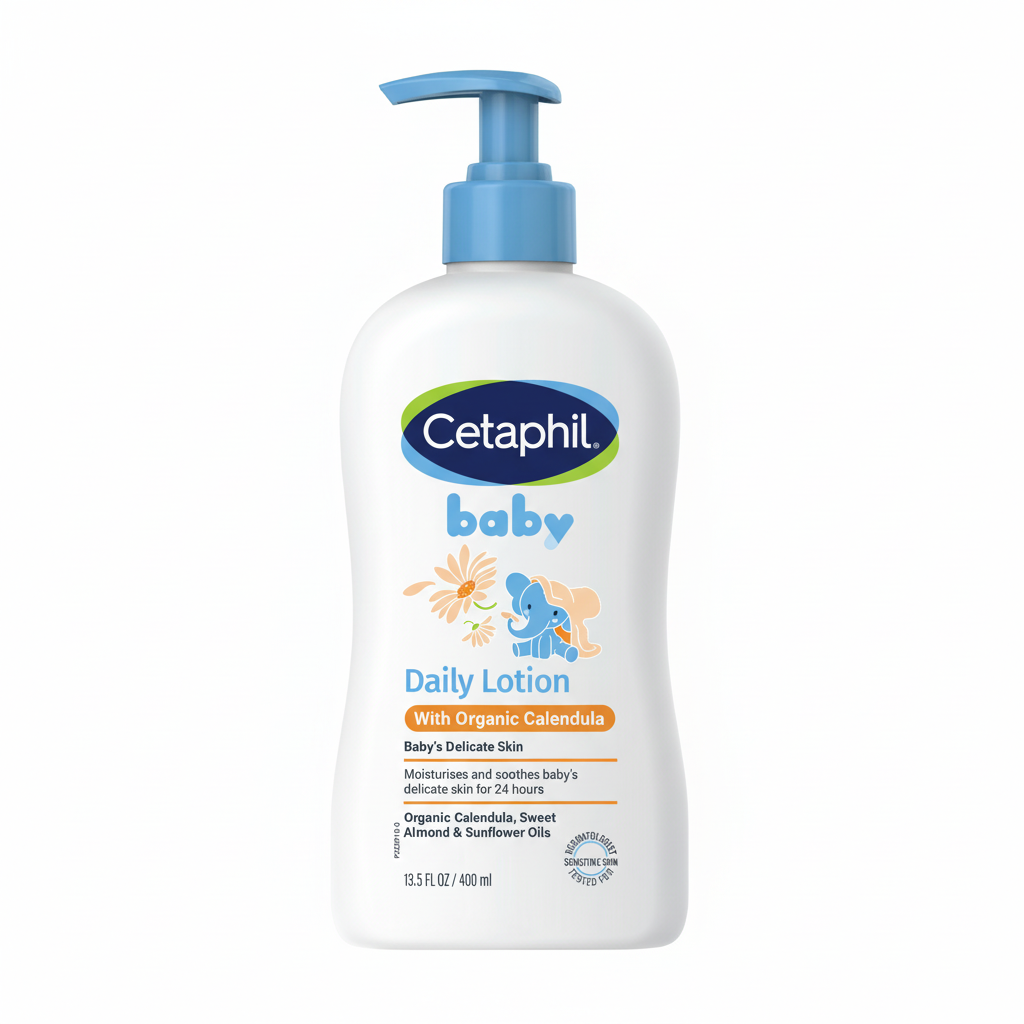Cetaphil baby daily lotion bottle on a white background